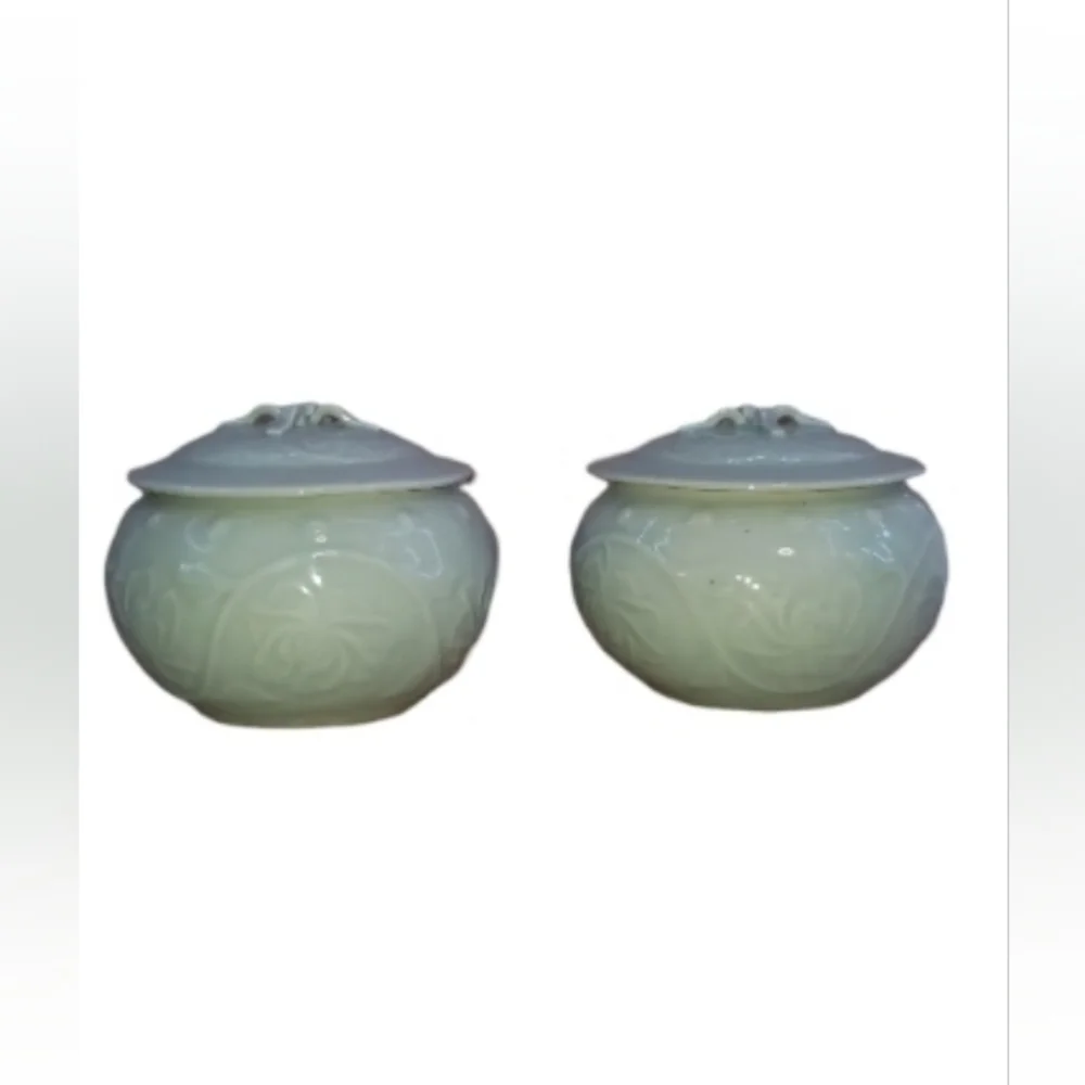 Chinese Celadon Jar Pot Lid Vessel Green Ware Flower Marked Set - Picture 3 of 7